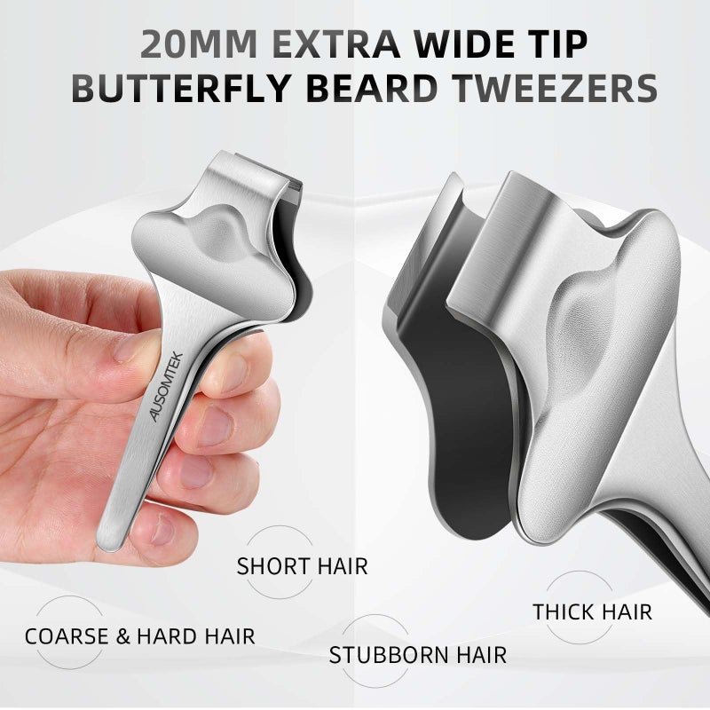 AUSOMTEK 20mm Precision Butterfly Tweezers for Beard, Eyebrows, Facial & Ingrown Hair - Wide Tip, Stainless Steel - Hair Removal Tool with Anti-Slip Slot & Case - for Men & Women - Image 3
